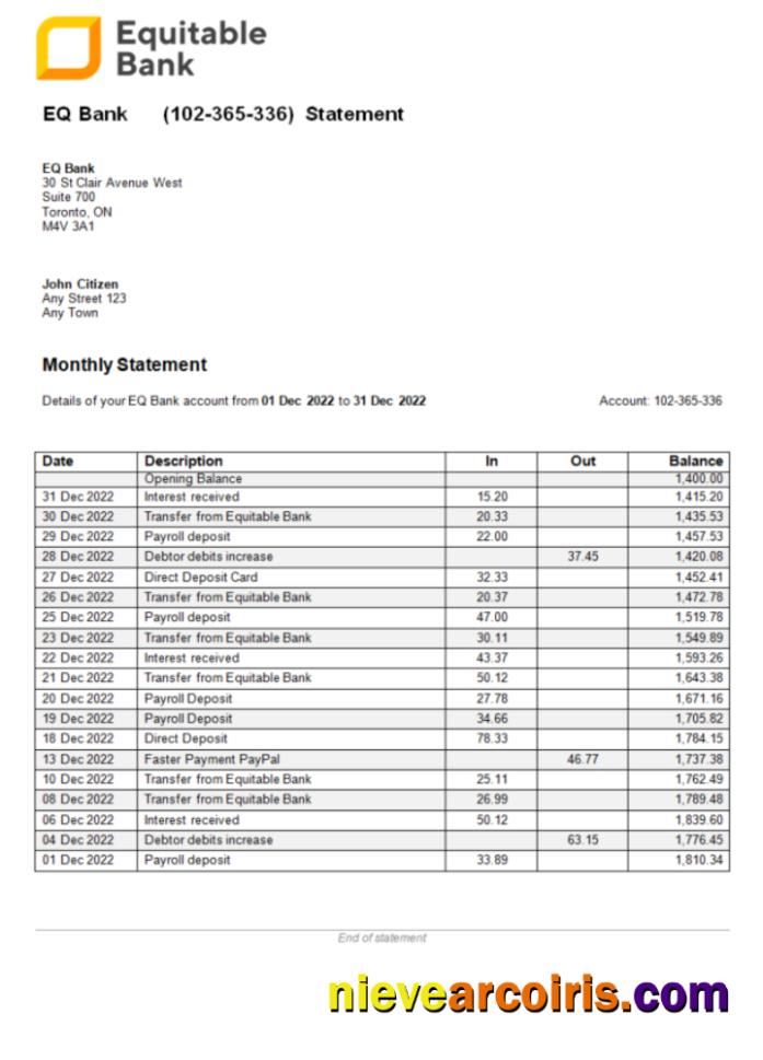 USA Ontario Equitable Bank statement Word and PDF